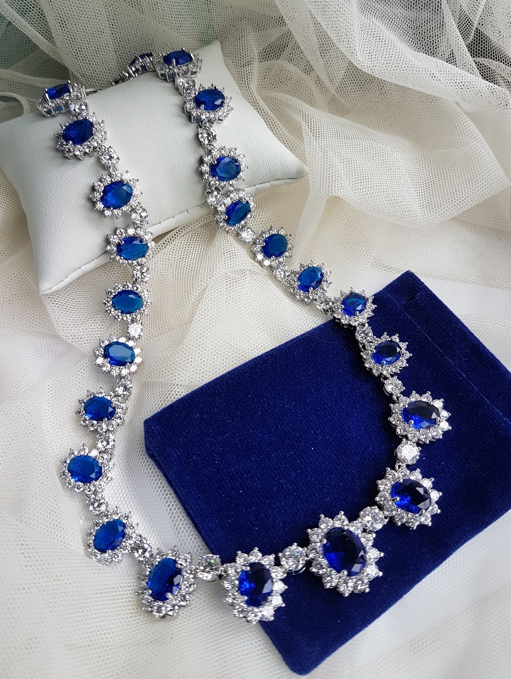 Swarovski Elements Platinum Plated Sapphire Blue Diana Drop Earrings NEW - Picture 8 of 17